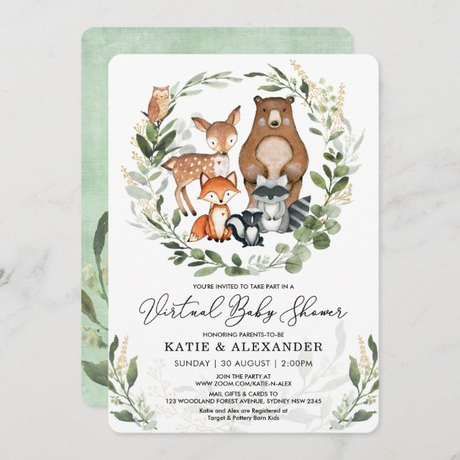 Virtual Baby Shower By Mail | Greenery Woodland Invitation (Front/Back)
