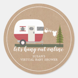 Virtual Baby Shower By Mail Red Camper Cardstock Classic Round Sticker