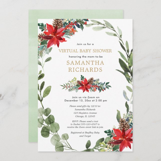 Virtual baby shower Christmas red greenery wreath Invitation (Front/Back)