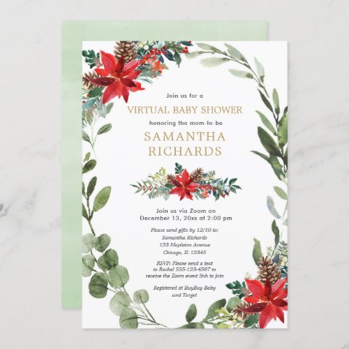 Virtual baby shower Christmas red greenery wreath Invitation