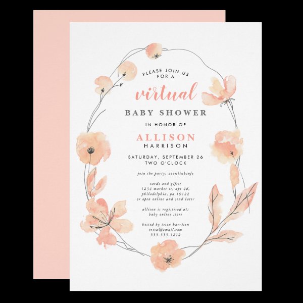Virtual Baby Shower | Coral Floral Watercolor Invitation