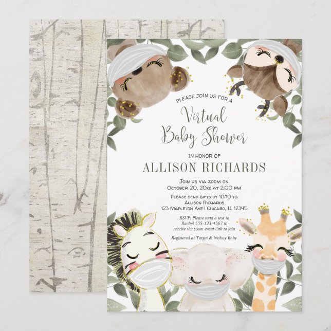 Virtual baby shower cute animals with masks invitation (Front/Back)