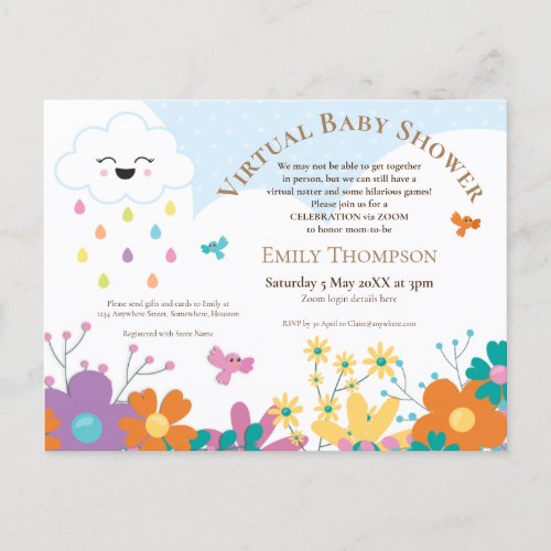 Virtual Baby Shower Cute Cloud Birds Florals Invitation Postcard