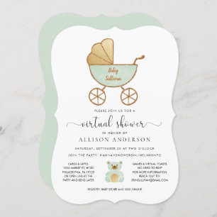 Virtual Baby Shower Cute Retro Carriage Mint Gold Invitation