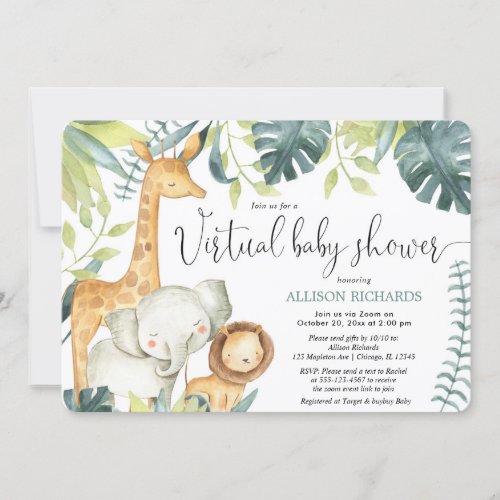 Virtual Baby Shower cute safari jungle animals Invitation