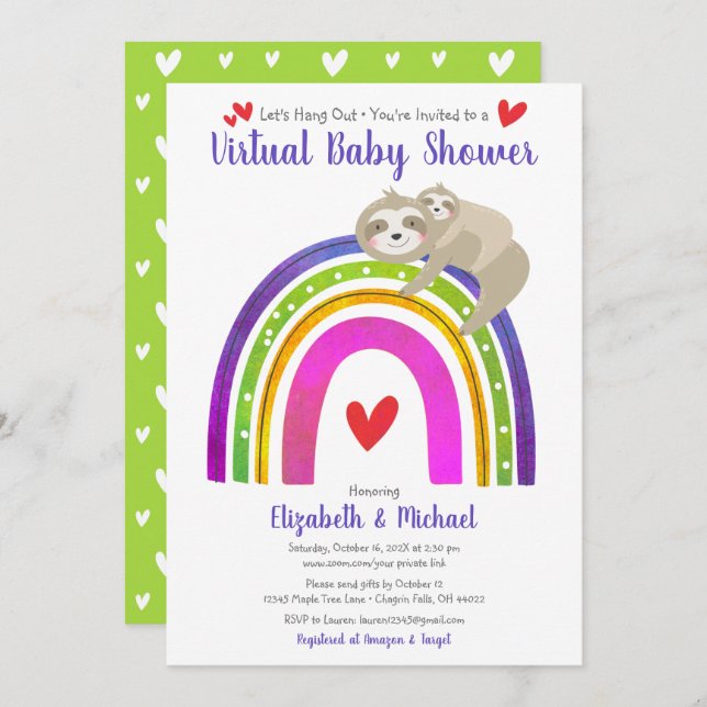 Virtual Baby Shower Cute Sloth Boho Rainbow Modern Invitation (Front/Back)