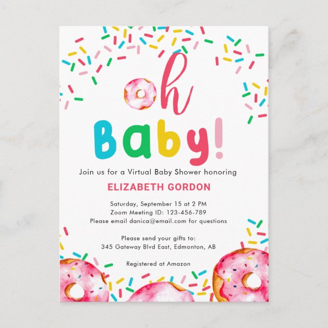 Virtual Baby Shower Donut Oh Baby Colorful Rainbow Postcard (Front)