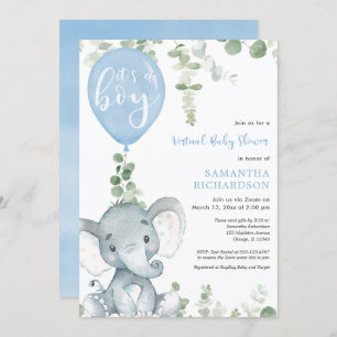 Virtual baby shower elephant blue balloons boy invitation