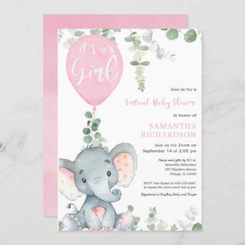 Virtual baby shower elephant pink balloons girl invitation