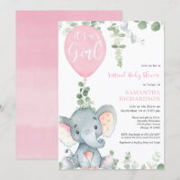Virtual baby shower elephant pink balloons girl