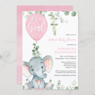 Virtual baby shower elephant pink balloons girl invitation