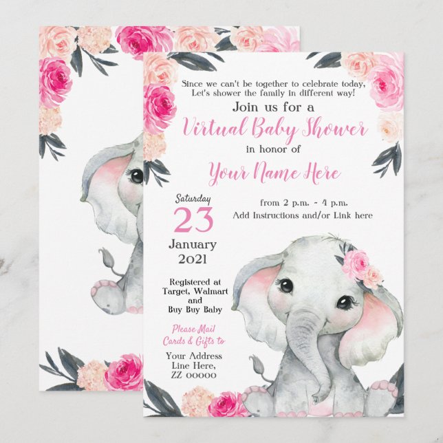 Virtual Baby Shower Elephant Pink Roses Girl Card (Front/Back)