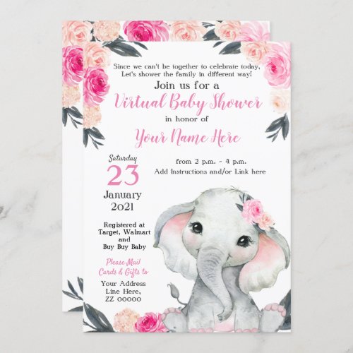 Virtual Baby Shower Elephant Pink Roses Girl Card