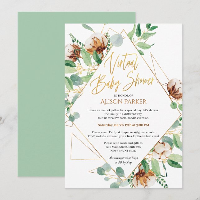 Virtual Baby Shower Eucalyptus Greenery Gold Invitation (Front/Back)