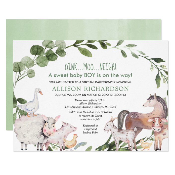 Virtual Baby Shower Farm Barnyard animals boy Invitation | Zazzle.com