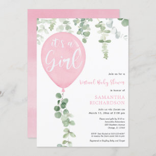 Virtual baby shower girl pink balloons eucalyptus invitation