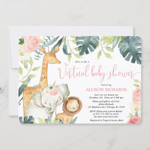 Virtual Baby Shower girl pink floral safari animal Invitation