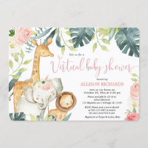 Virtual Baby Shower girl pink floral safari animal Invitation