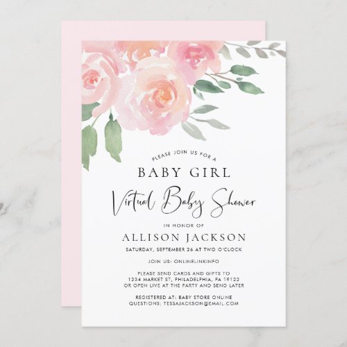 Virtual Baby Shower Girl Pink Floral Watercolor Invitation