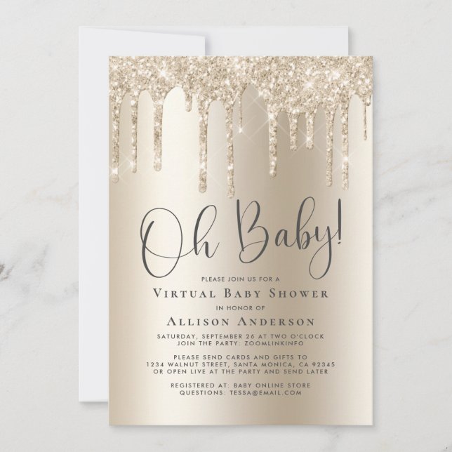 Virtual Baby Shower Glitter Drip Gold Invitation (Front)
