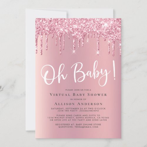 Virtual Baby Shower Glitter Drip Pink Invitation
