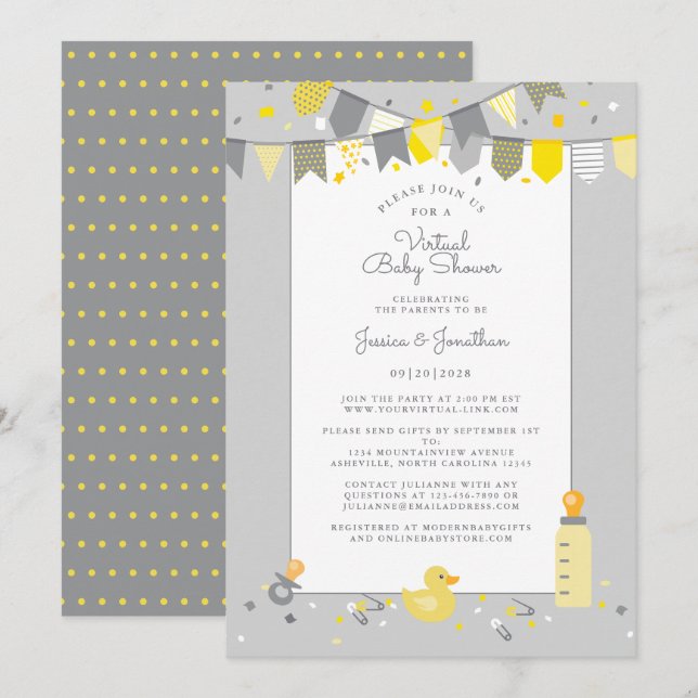 Virtual Baby Shower Gray Yellow Cute Banner Modern Invitation (Front/Back)