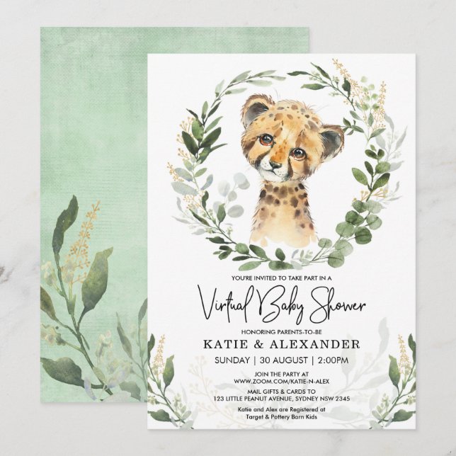 Virtual Baby Shower Greenery Gold Safari Leopard Invitation (Front/Back)