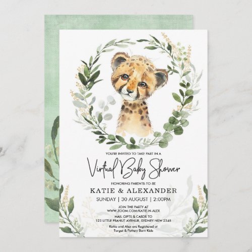Virtual Baby Shower Greenery Gold Safari Leopard Invitation