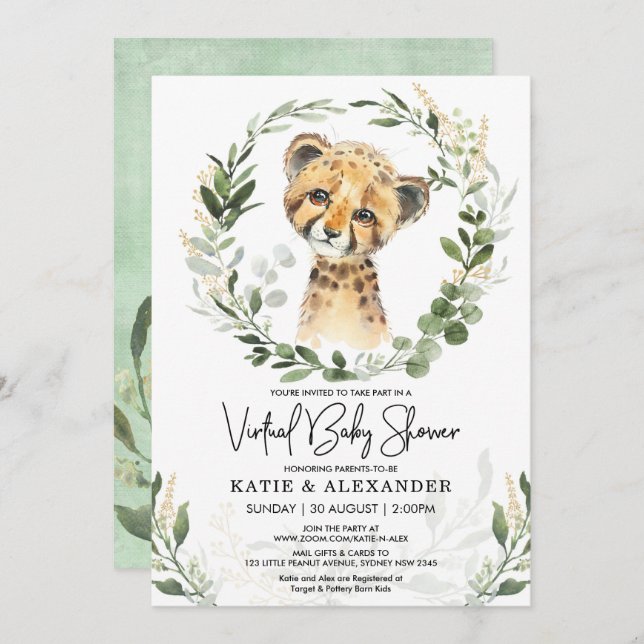 Virtual Baby Shower Greenery Gold Safari Leopard Invitation (Front/Back)