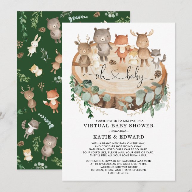 Virtual Baby Shower Greenery Woodland Animals Invitation (Front/Back)