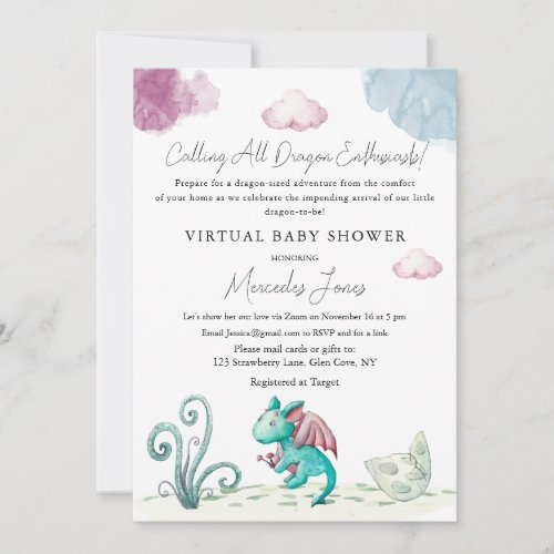 Virtual Baby Shower Hatching Dragon Pastel Colors Invitation
