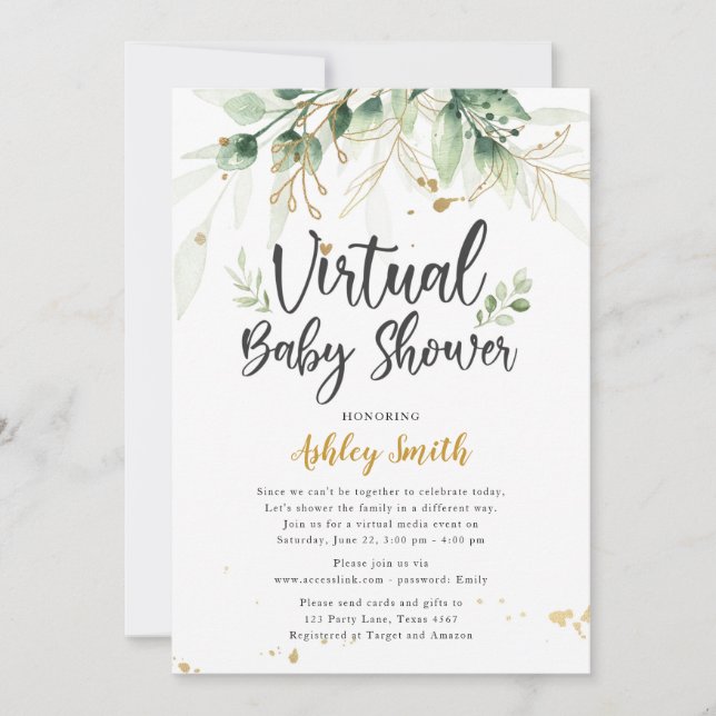 Virtual Baby Shower Invitation Greenery Shower (Front)