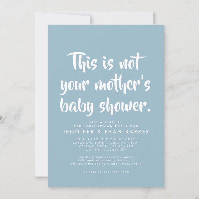 Virtual baby shower invitation in blue (Front)