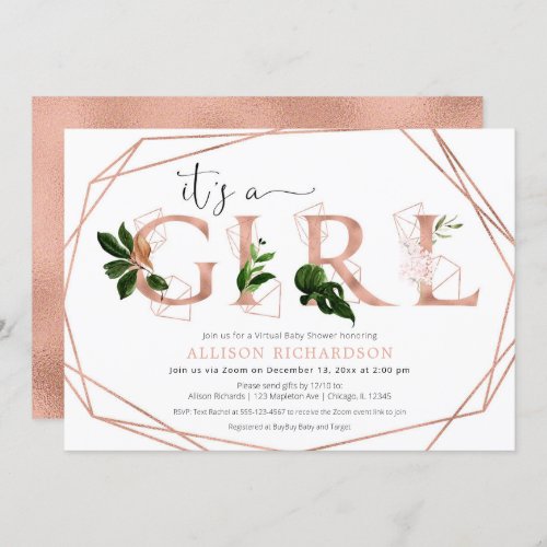 Virtual Baby Shower Its a Girl rose gold greenery Invitation