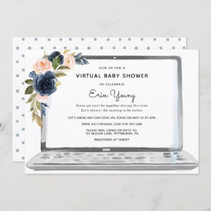 Virtual Baby Shower Laptop Navy & Blush Flowers Invitation