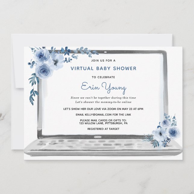 Virtual Baby Shower Laptop with Blue Flowers Invitation (Front)