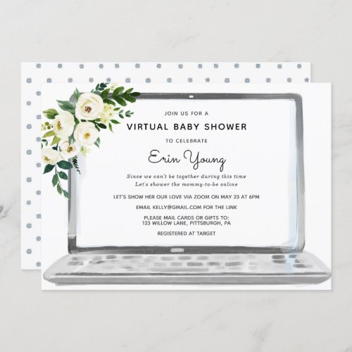 Virtual Baby Shower Laptop with White Flowers Invitation