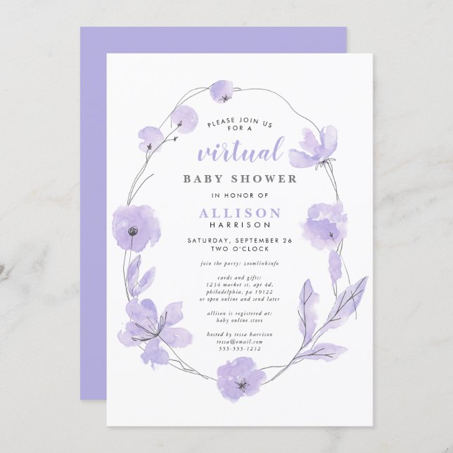 Virtual Baby Shower | Lavender Floral Watercolor Invitation (Front/Back)