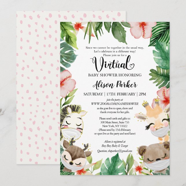 Virtual Baby Shower | Masked Jungle Safari Friends Invitation (Front/Back)