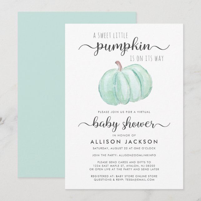 Virtual Baby Shower Mint Pumpkin Watercolor Invitation (Front/Back)