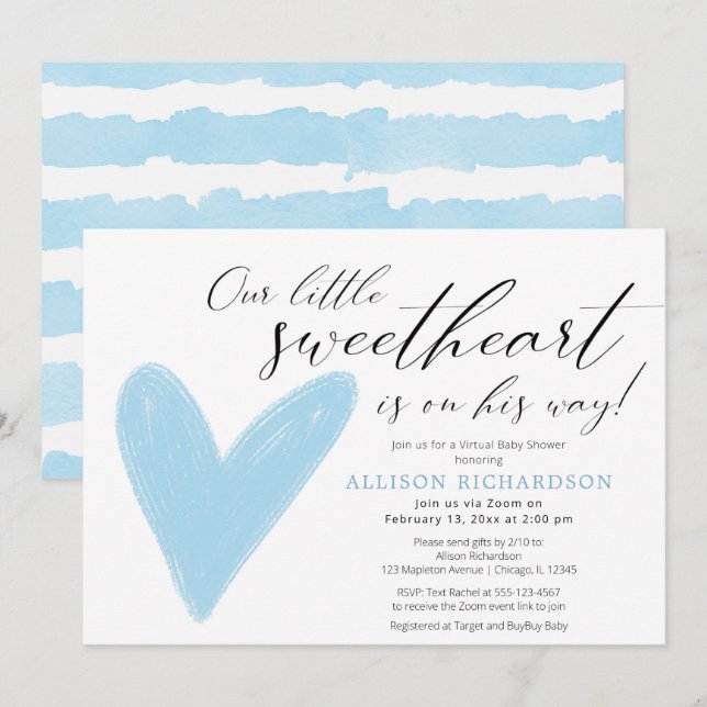 Virtual Baby Shower Modern Valentines blue white Invitation (Front/Back)