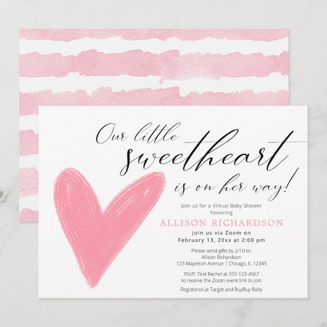 Virtual Baby Shower Modern Valentines pink white Invitation (Front/Back)