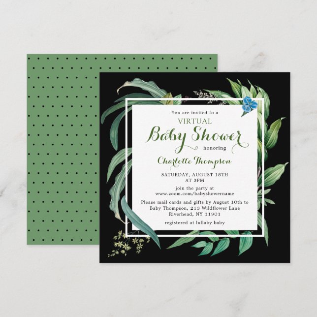 Virtual Baby Shower Modern Watercolor Green Floral Invitation (Front/Back)