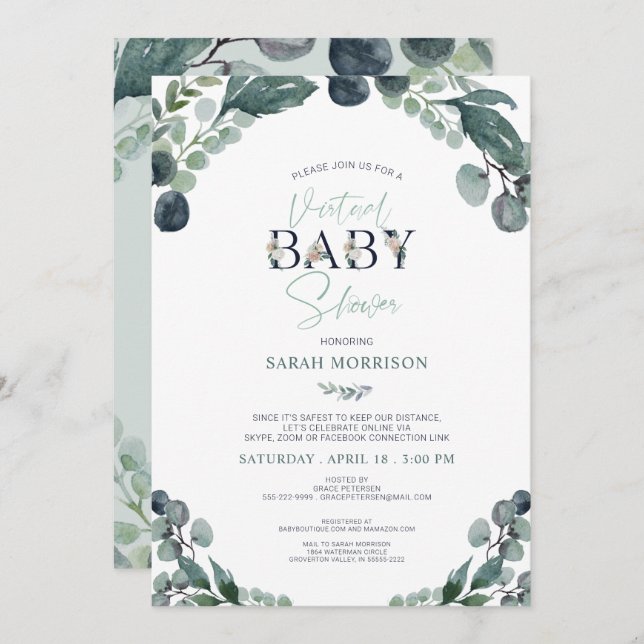 Virtual Baby Shower Navy Blue Sage Greenery Invitation (Front/Back)