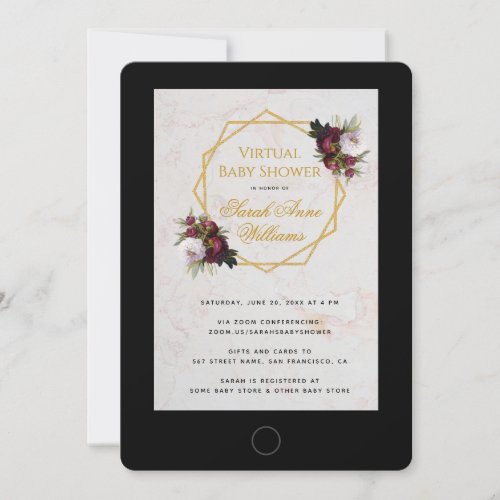 Virtual Baby Shower Peonies Gold Floral Geometric Invitation