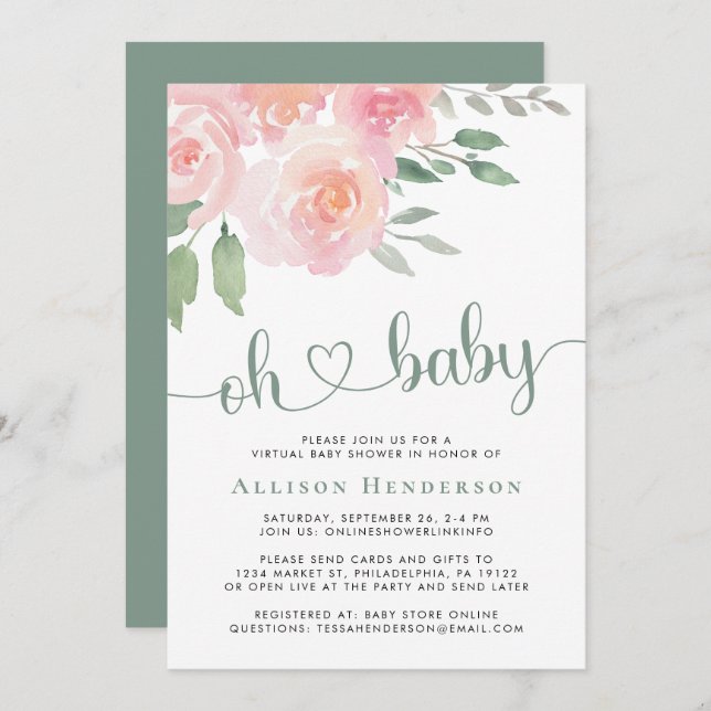 Virtual Baby Shower Pink Floral Watercolor Invitation (Front/Back)