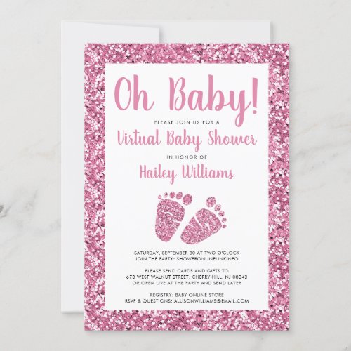 Virtual Baby Shower Pink Glitter Invitation
