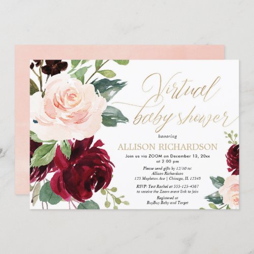 Virtual baby shower pink gold burgundy floral girl invitation