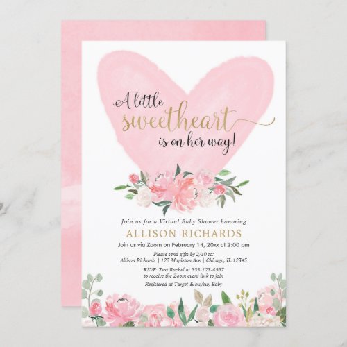 Virtual Baby Shower pink gold Valentines Day girl Invitation