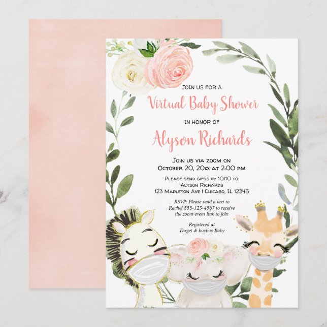 Virtual baby shower pink greenery safari animals invitation (Front/Back)